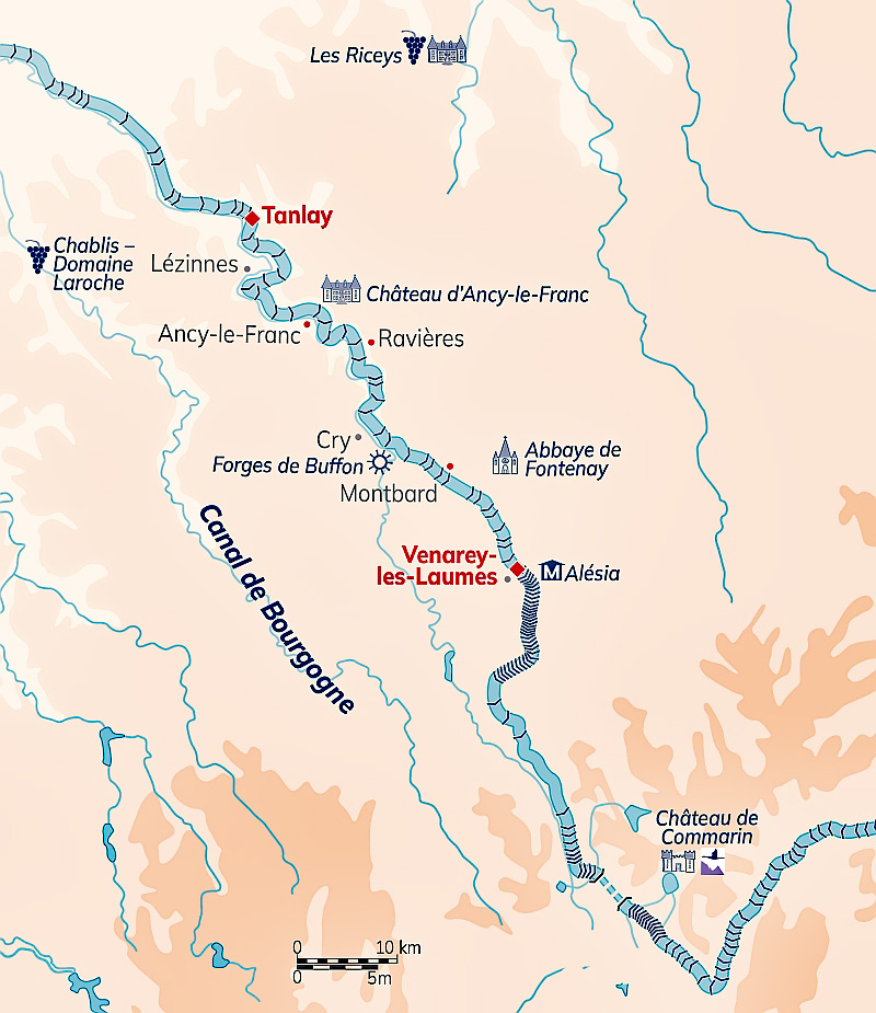 Hotel Barge La Belle Epoque Map of Northern Burgundy France itinerary