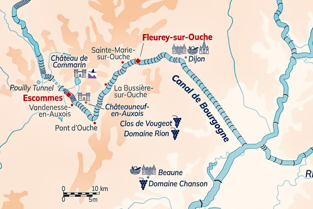 Map - Canal de Bourgogne - Itinerary for French Hotel Barge L'Impressionniste