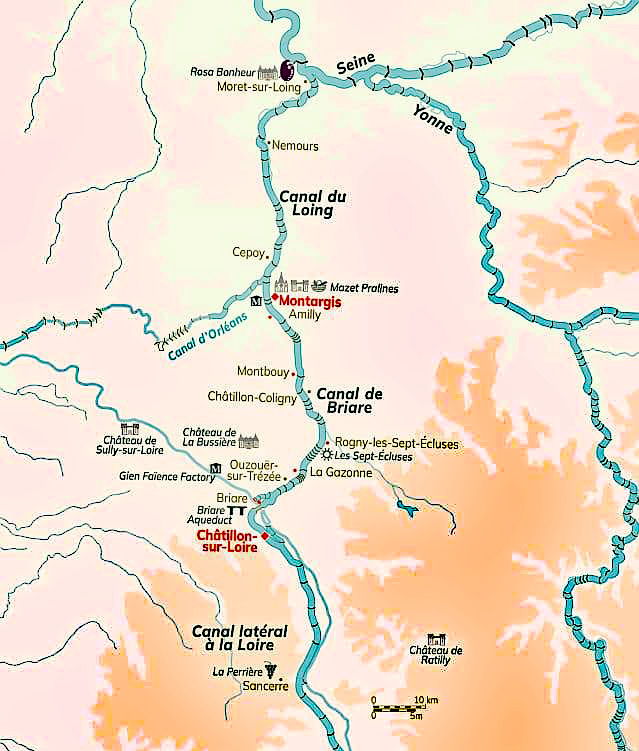 Itinerary map for Hotel Barge Renaissance which cruises in thr Upper Loire & Western Burgundy region of France