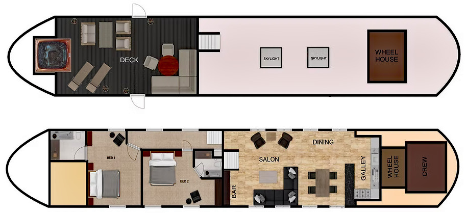 Layout diagram for French Hotel Barge Rendez-Vous offering barge charters in Burgundy France