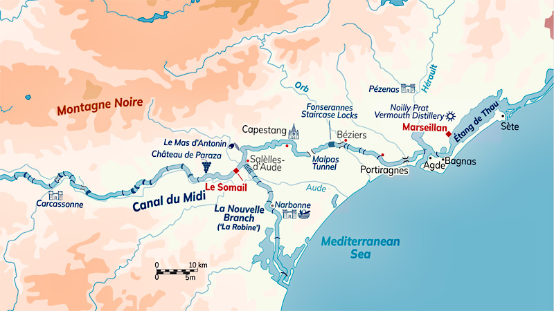 Map - Canal du Midi itinerary for French Hotel Barge Anjodi