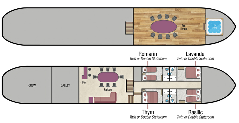 Layout diagram for French Hotel Barge Anjodi