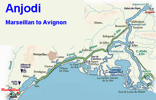 Map - Marseillan to Avignon itinerary for French Hotel Barge Anjodi