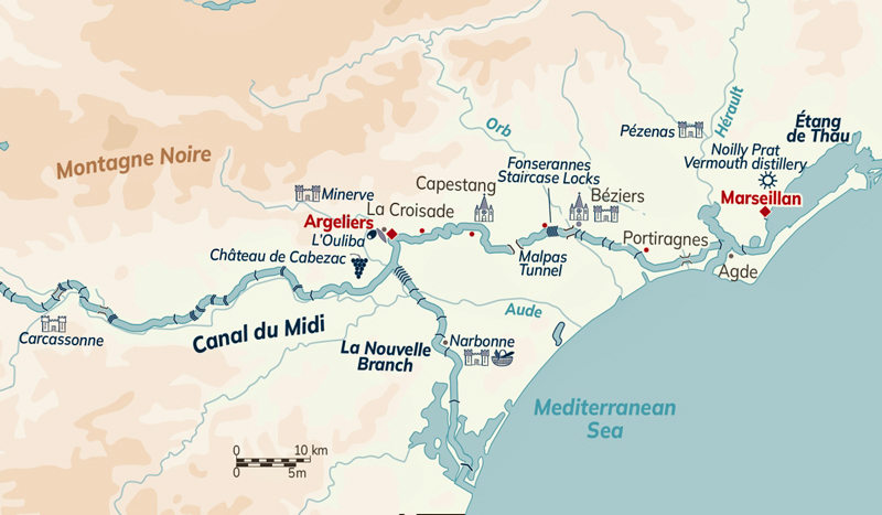 Map - Canal du Midi for Argellers to Marseillan itinerary