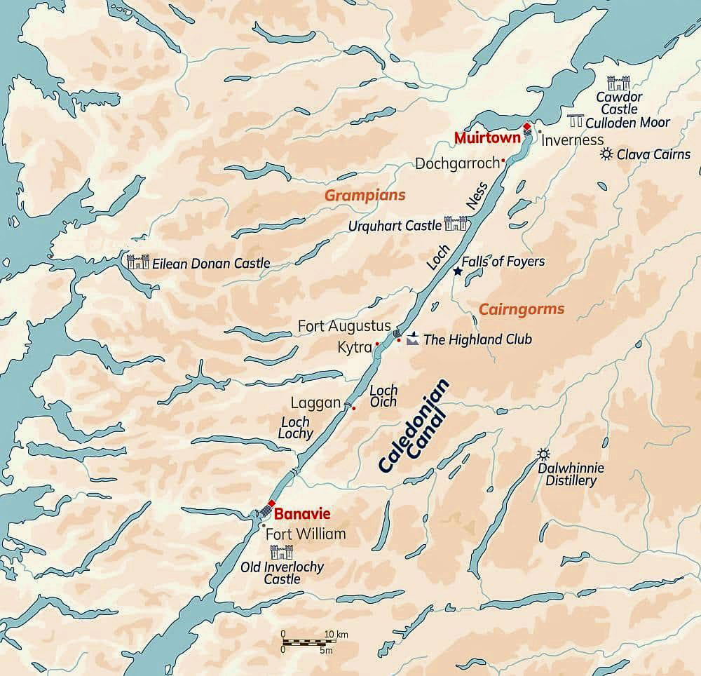 Map Calendonian Canal - Scottish Hotel Barge Scottish Highlander
