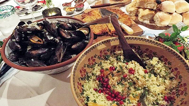 Mussels, fresh bread, and couscous