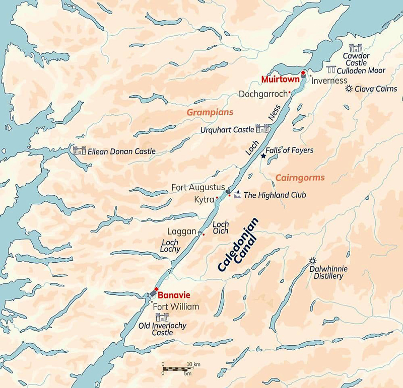 Map of Caledonian Canal itinerary for Hotel Barge Spirit of Scotland